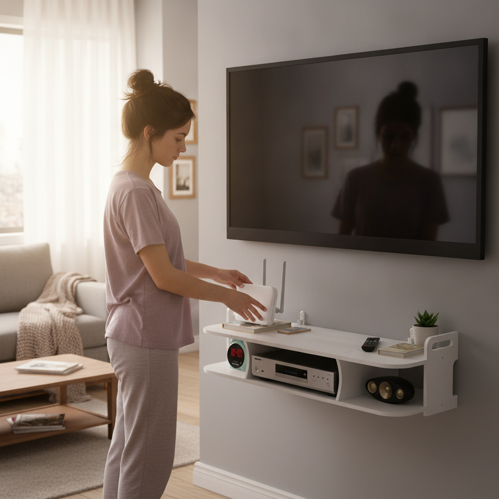 Mujer organizando repisa flotante router control remoto living hogar