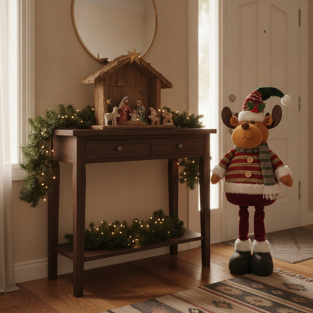 Muneco reno navideno extensible decorando entrada hogar chileno navidad