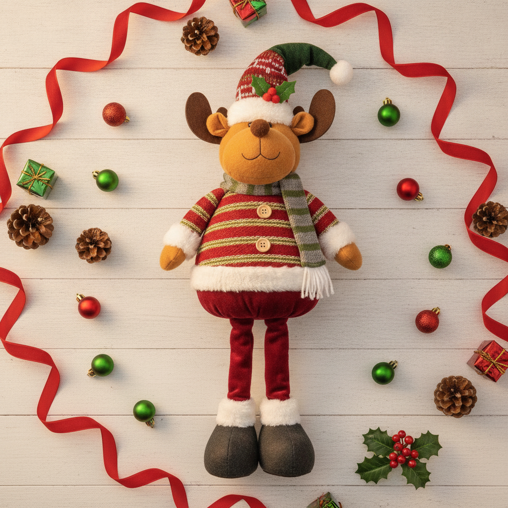 Flat lay reno navideno navidad con pinas adornos cintas regalo