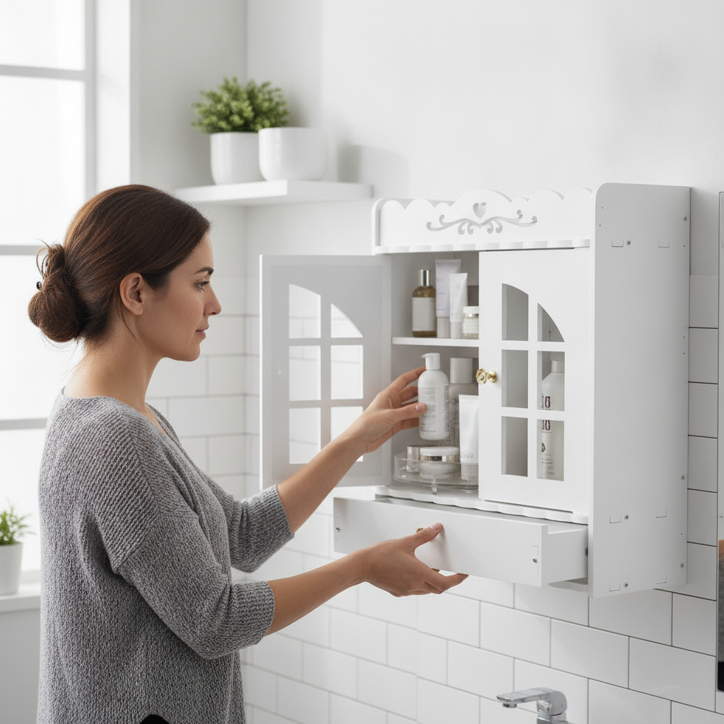 Mujer organizando repisa baño mural blanca doble puerta vidrio