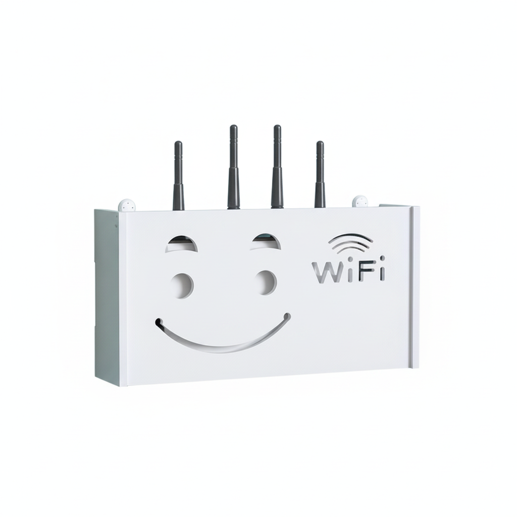 Repisa flotante organizador router WiFi blanco diseño sonrisa vista frontal
