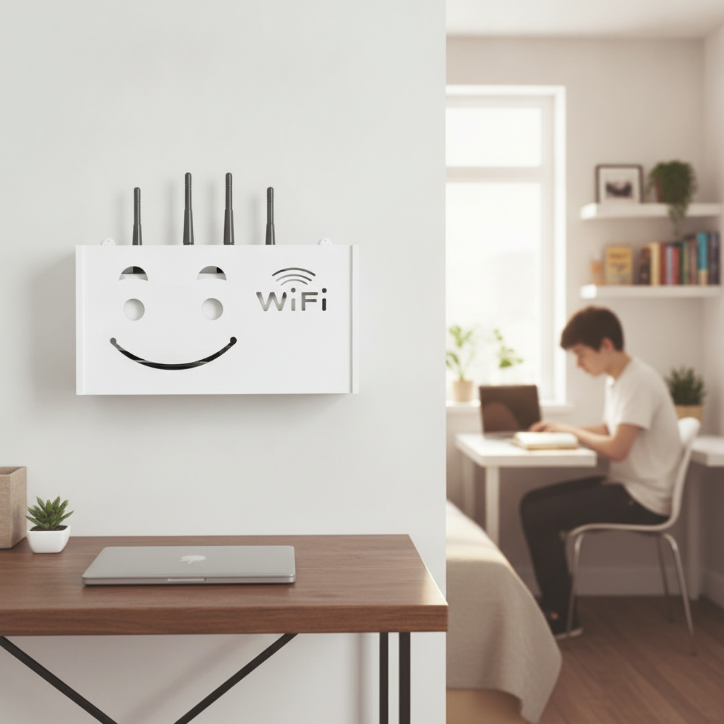 Repisa flotante router blanca montada en habitación chilena escritorio