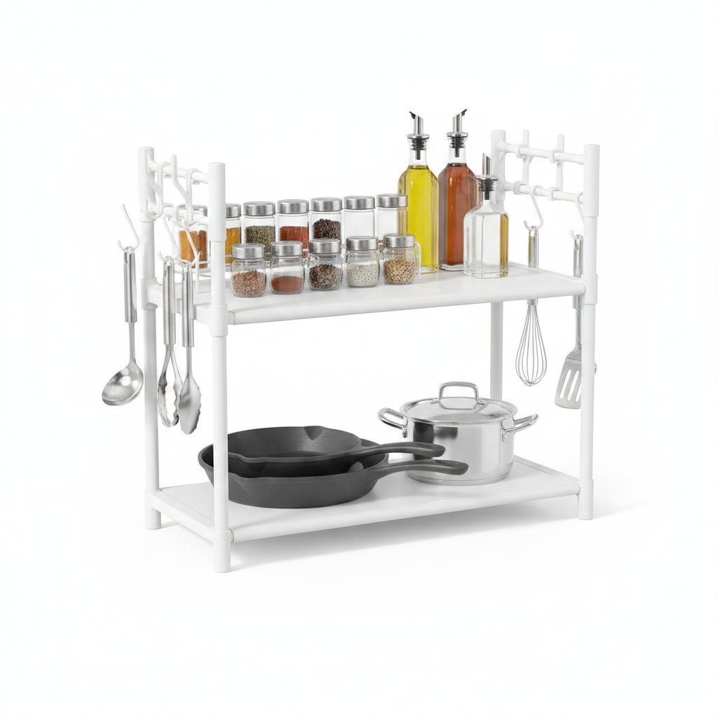 Repisa organizadora microondas 2 niveles blanca con ganchos vista frontal