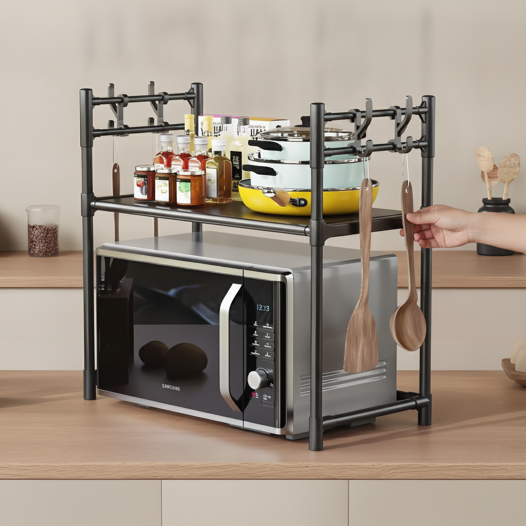 Estante microondas con ganchos utensilios cocina hogar chileno mesón madera
