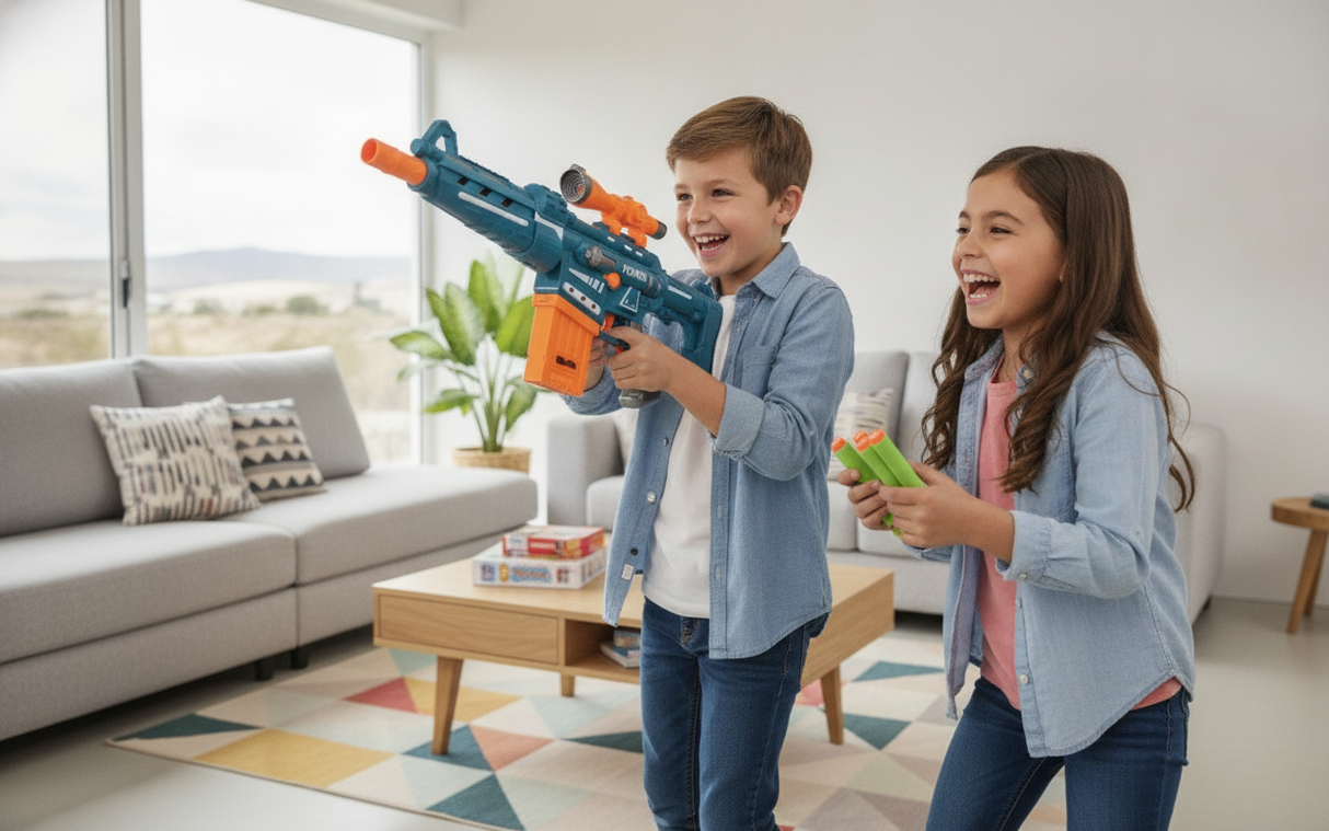 Familia chilena living niños rifle espuma juguete electrico interior