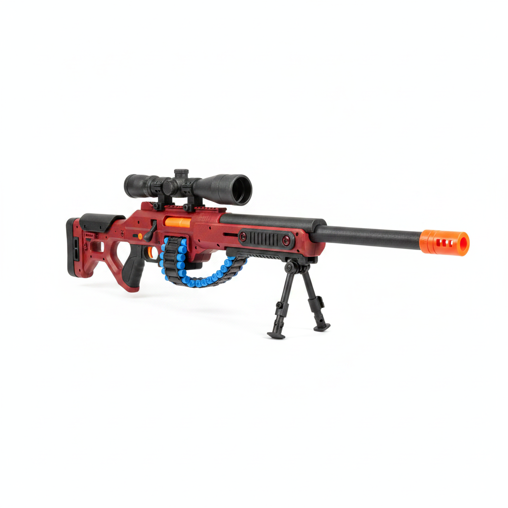 Rifle sniper juguete dardos espuma rojo negro mira telescópica bípode vista frontal