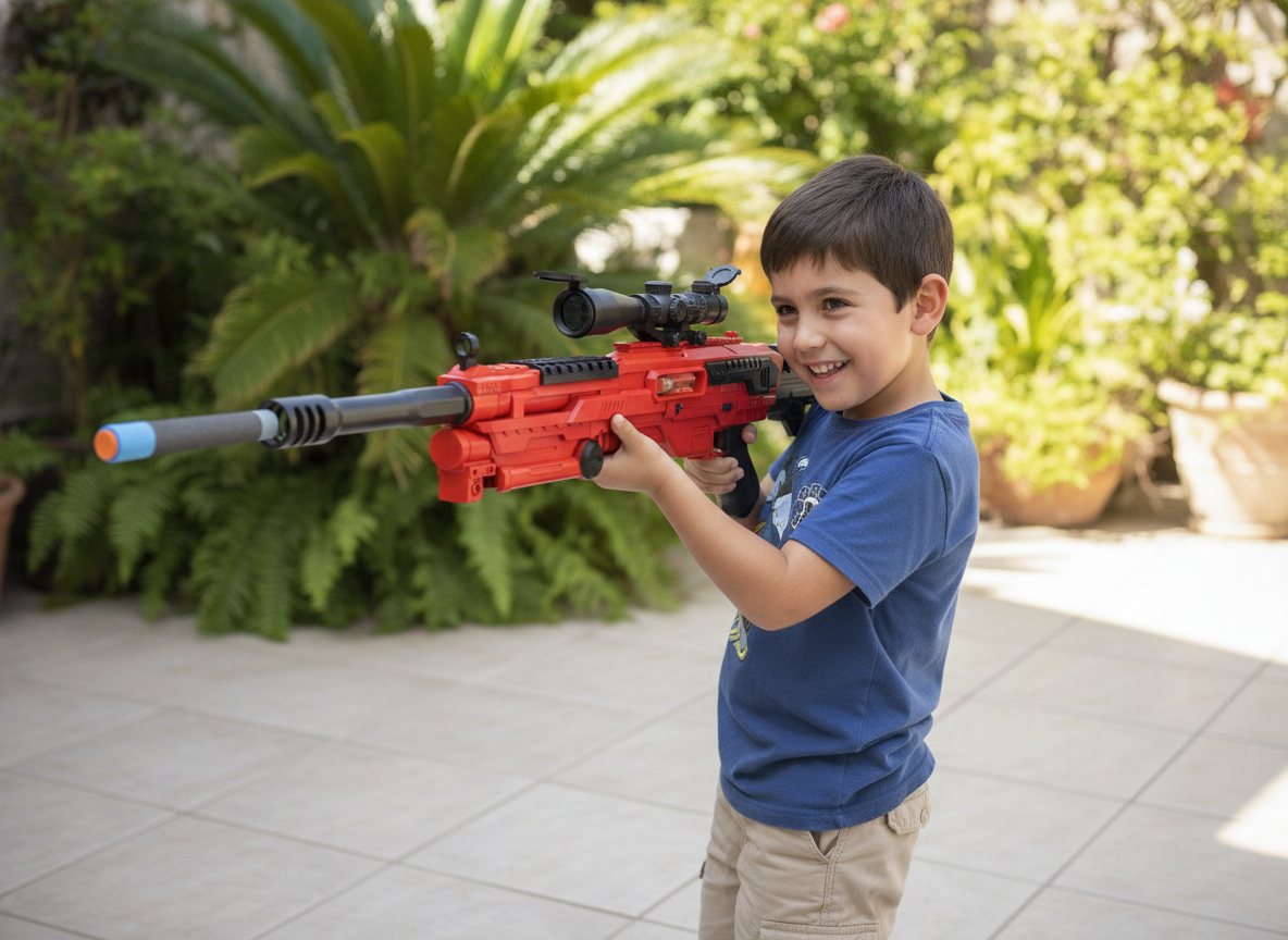 Niño chileno jugando con rifle sniper juguete dardos en terraza exterior