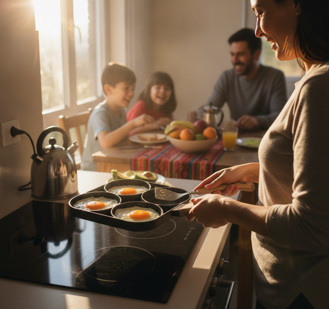 Sarten antiadherente 4 orificios con huevos fritos y panqueque cocina chilena moderna