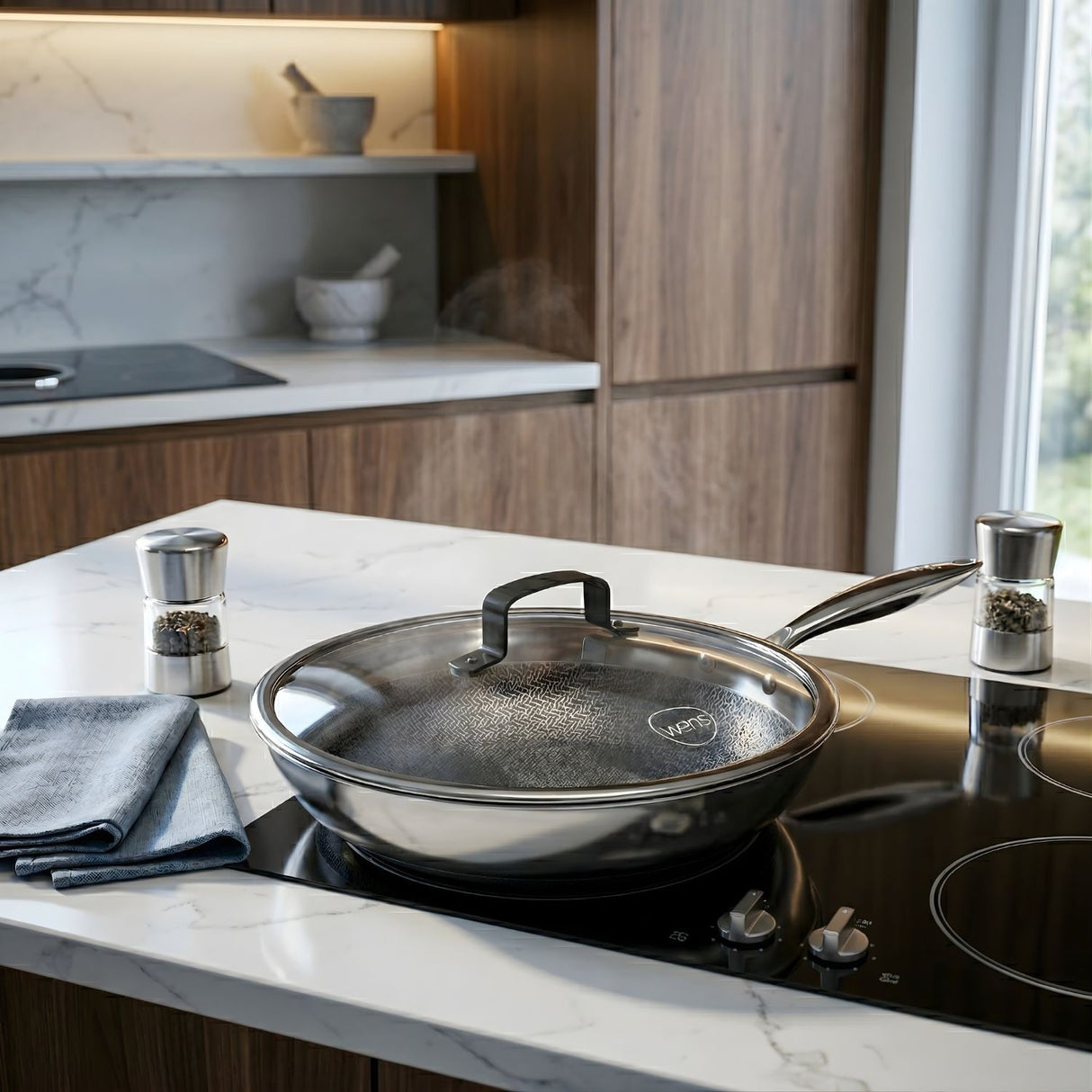 sarten wok 28cm con tapa de vidrio templado induccion