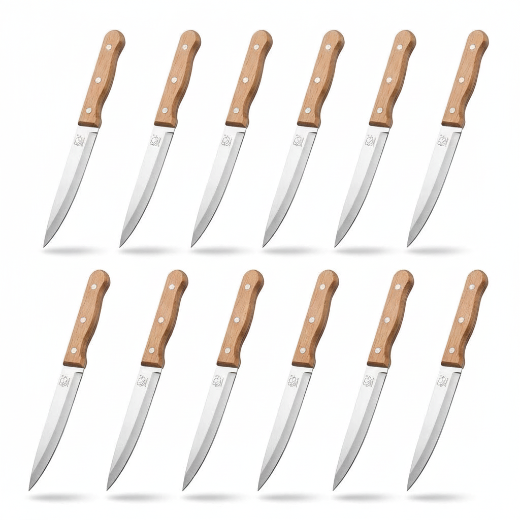 Set 12 cuchillos multiusos acero inoxidable mango madera vista frontal fondo blanco