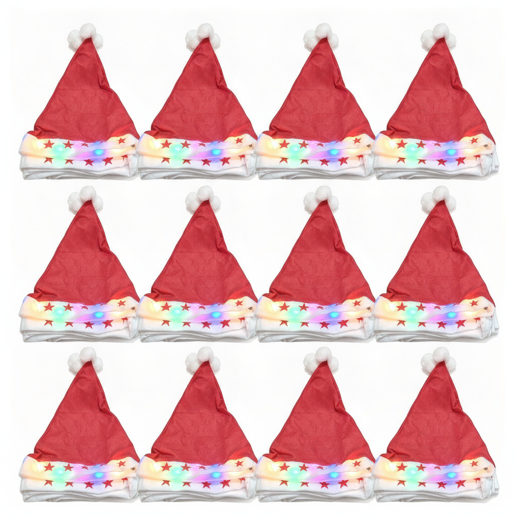 Set 12 gorros navideños luces LED multicolor fieltro rojo vista frontal