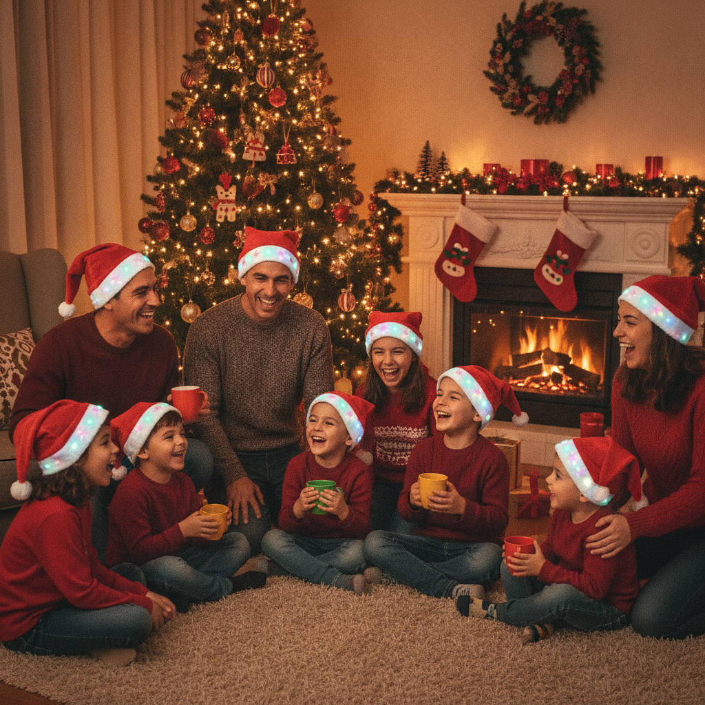 Familia chilena celebrando Navidad con gorros navideños luces LED en living