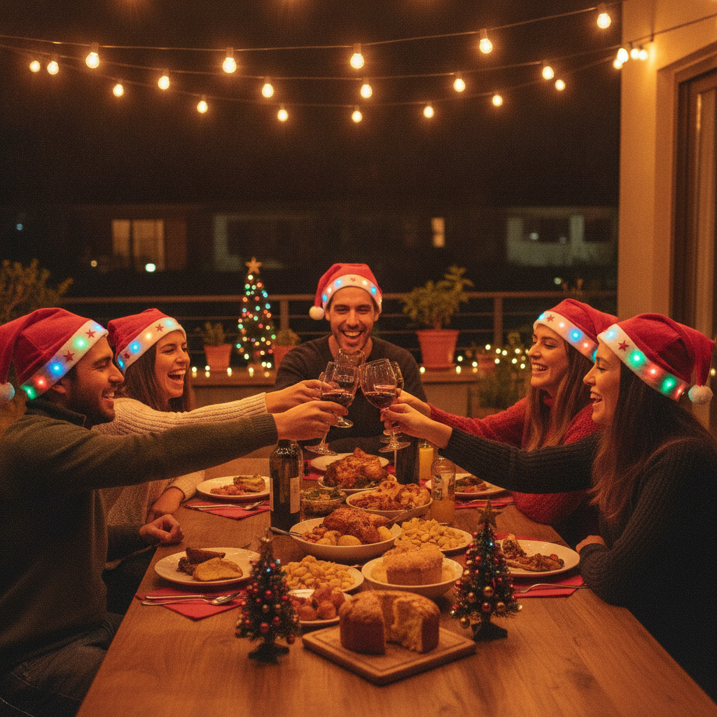 Amigos en terraza chilena usando gorros Papa Noel con luces LED navideñas