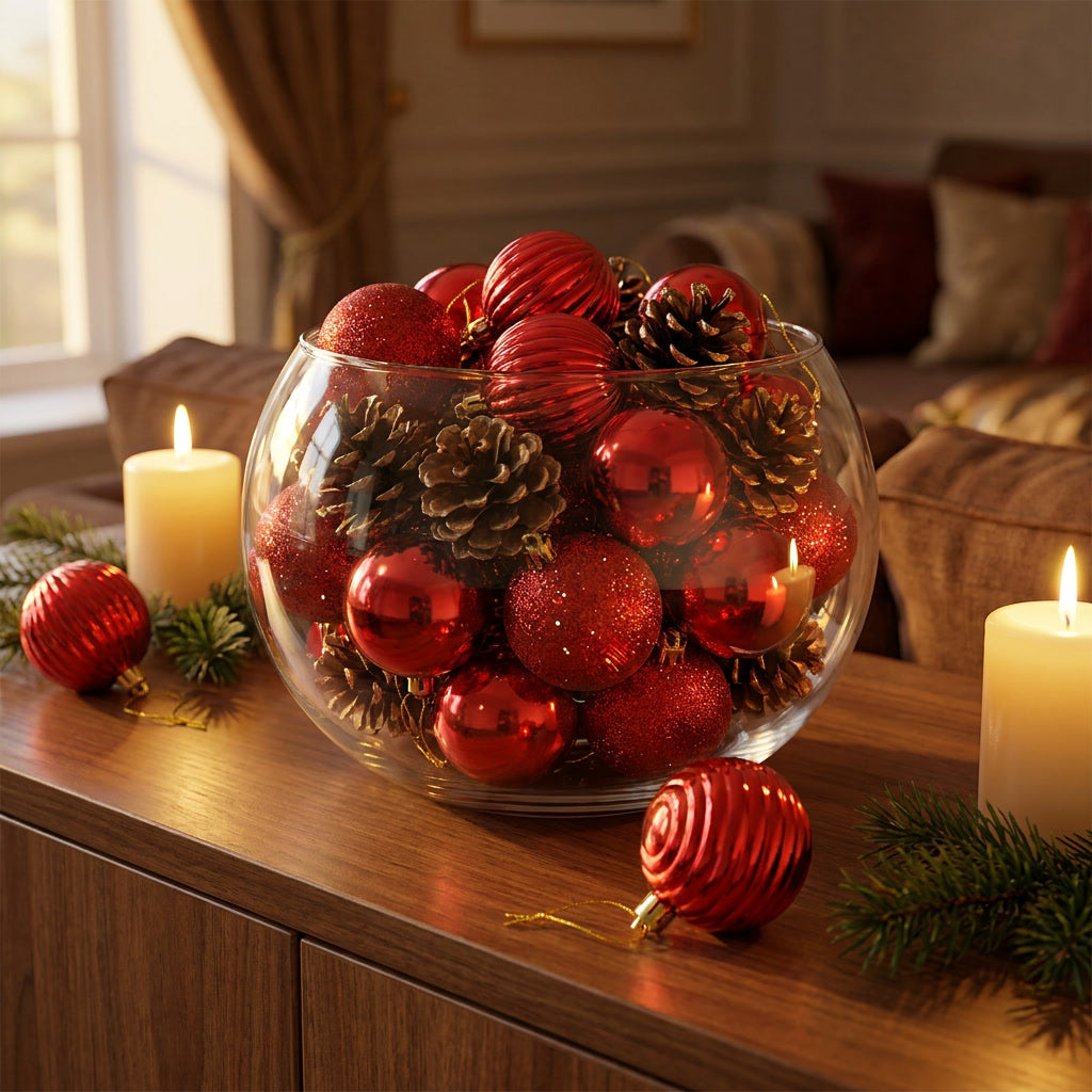 Centro de mesa navideño con esferas plata y piñas decorativas hogar Chile