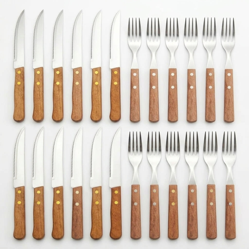 Set 24 cubiertos acero inoxidable mango madera tenedor cuchillo fondo blanco