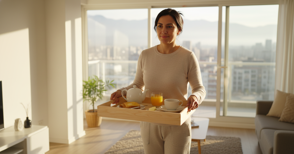 Mujer sirviendo desayuno bandeja madera apartamento Santiago Chile