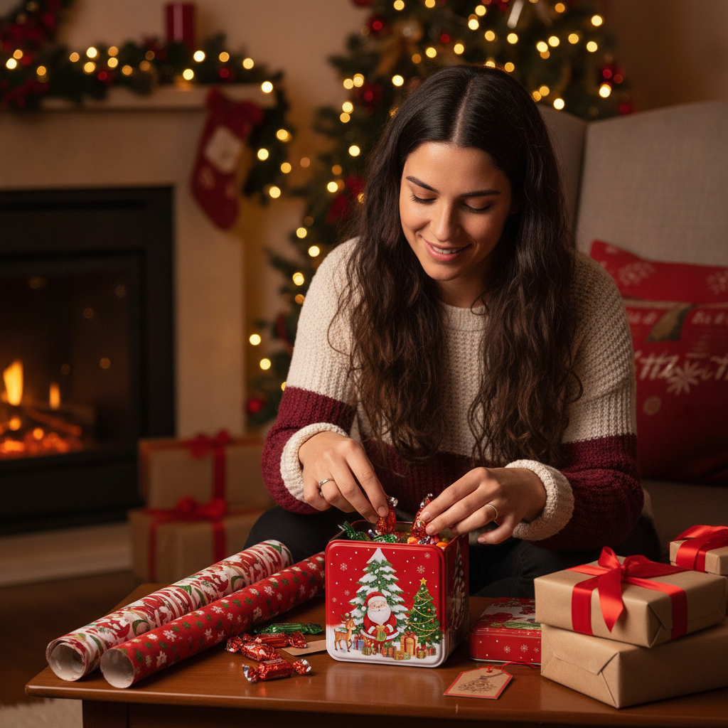Caja metalica navidena regalo mujer hogar chileno navidad