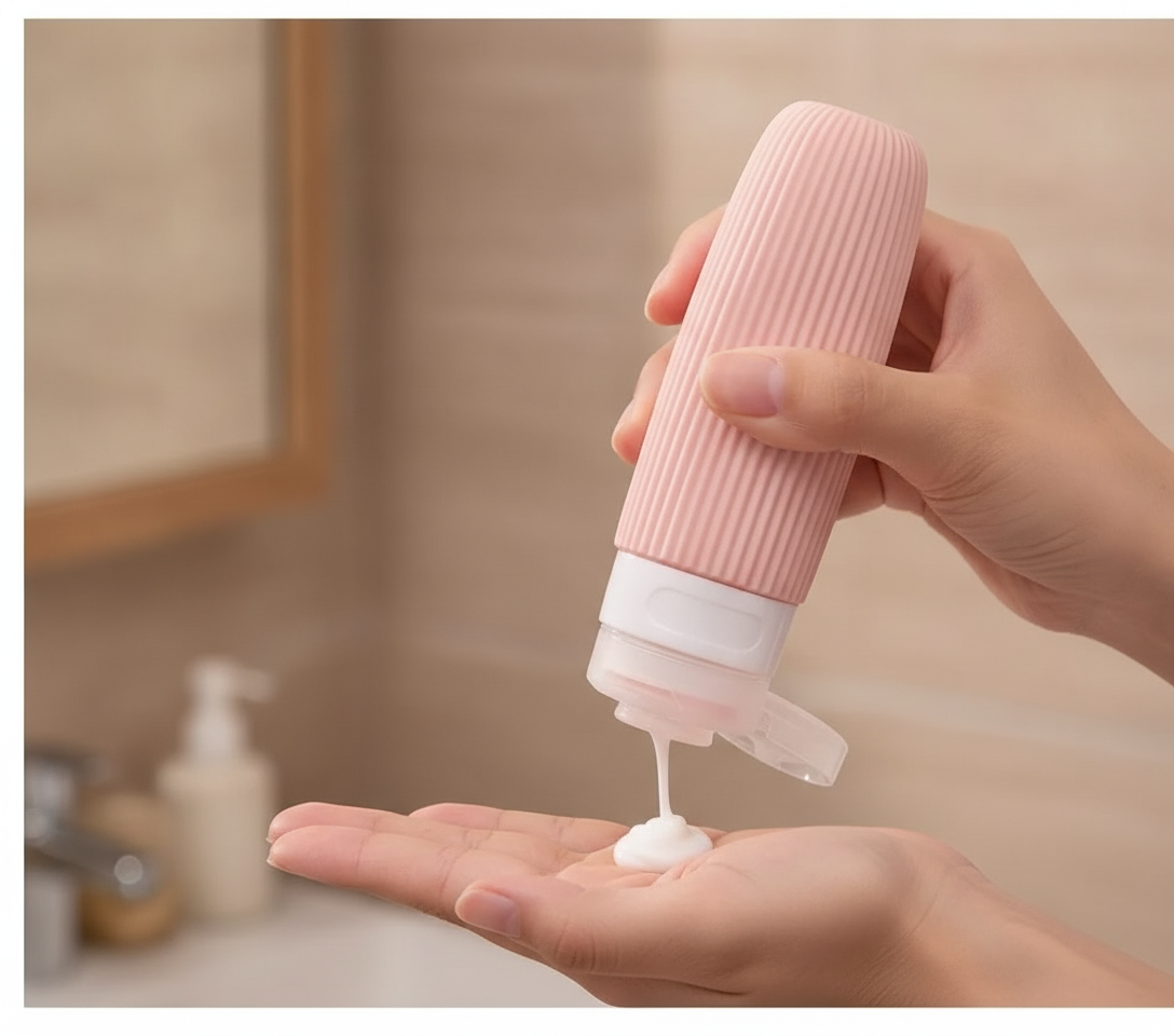 Botellas de viaje silicona organizadas en neceser transparente baño apartamento chileno