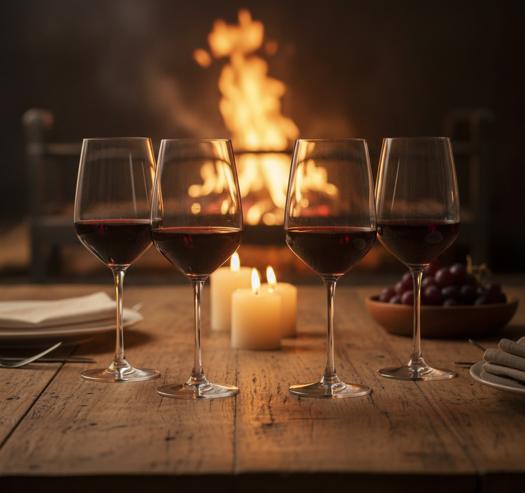 Copas de vino cristal Glasso en quincho chileno mesa asado ambiente cálido