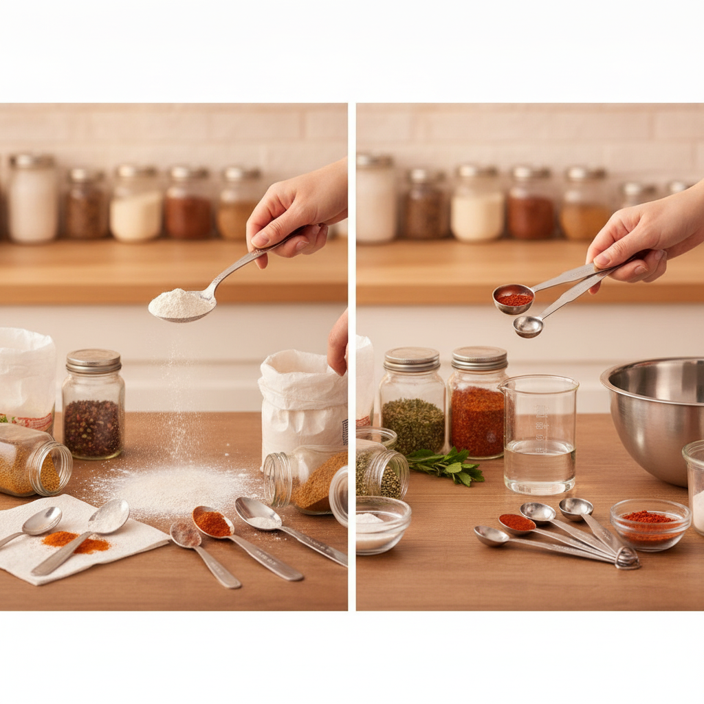 Cuchara medidora acero inoxidable mujer horneando cocina moderna Chile