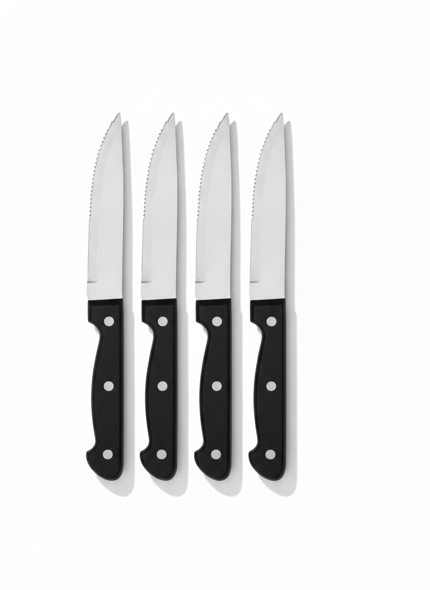 Set 4 cuchillos sierra asado mango negro fondo blanco vista frontal