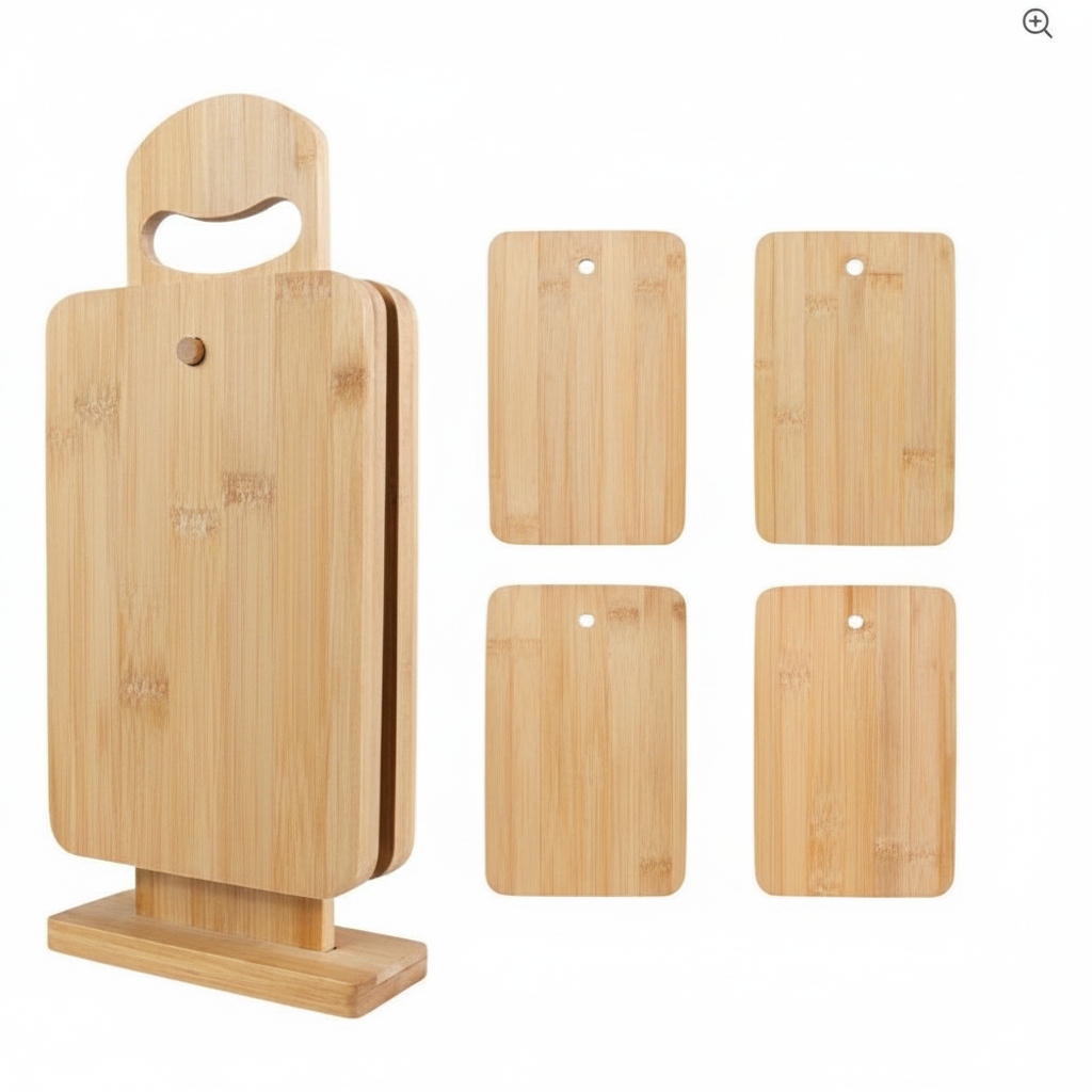 Set 4 tablas de picoteo bambú con soporte organizador vista frontal fondo blanco