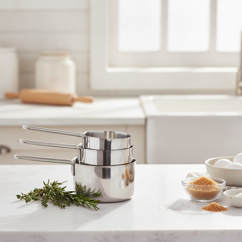 Tazas medidoras acero inox Cuiner en cocina chilena con harina y azucar