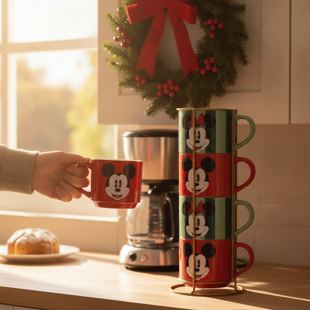 Tazones navideños Disney Mickey Minnie apilados en soporte dorado cocina chilena
