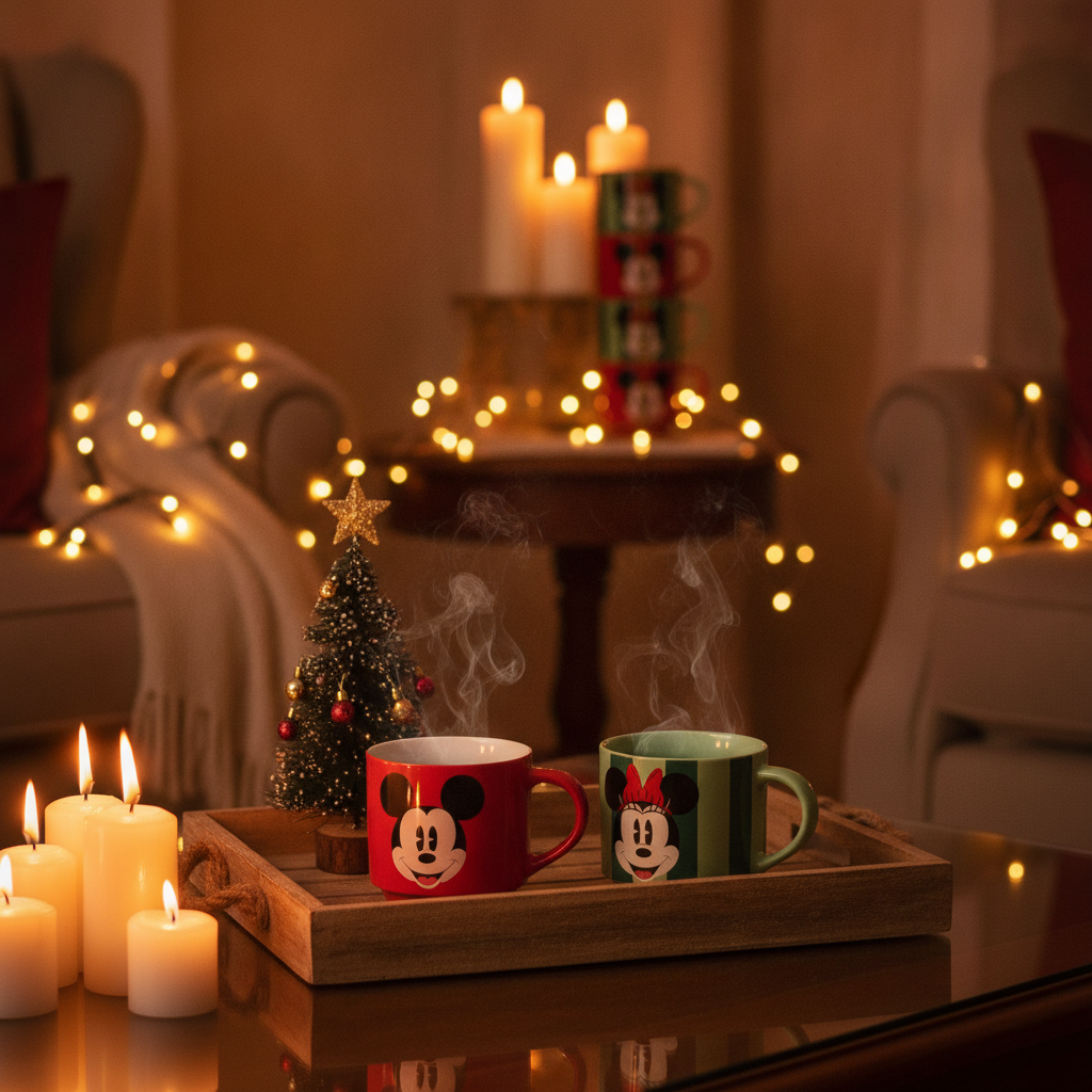Tazas Disney Mickey Minnie rojas verdes con chocolate caliente living Navidad Chile