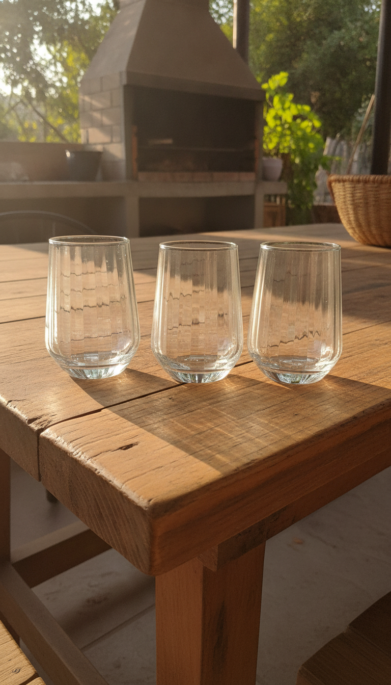 Vasos vidrio acanalado Glasso sobre mesa asado quincho chileno