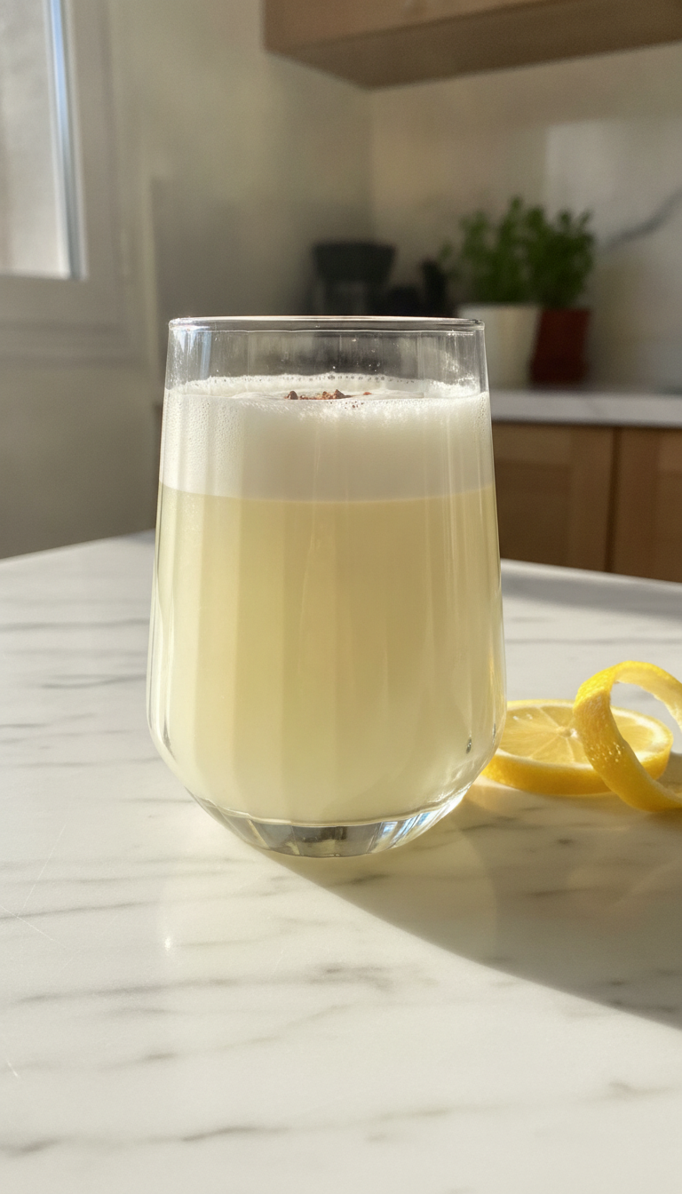 Vaso Zaphire Glasso con pisco sour encimera cocina chilena