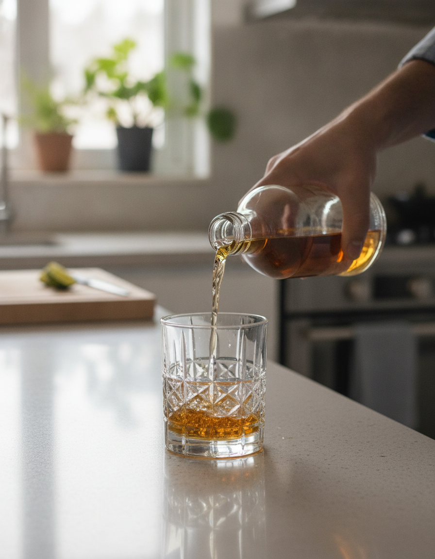 Vasos tumbler vidrio tallado en living chileno con luz cálida