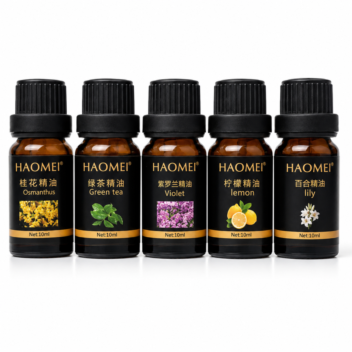 Set 5 aceites esenciales Haomei difusor humidificador 10ml vista frontal fondo blanco