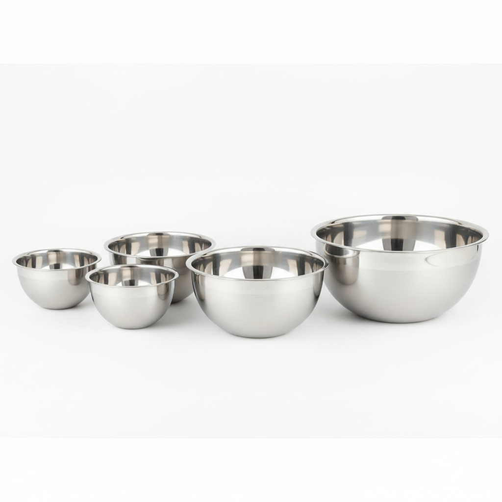 Set 5 bowls acero inoxidable reposteria vista frontal fondo blanco