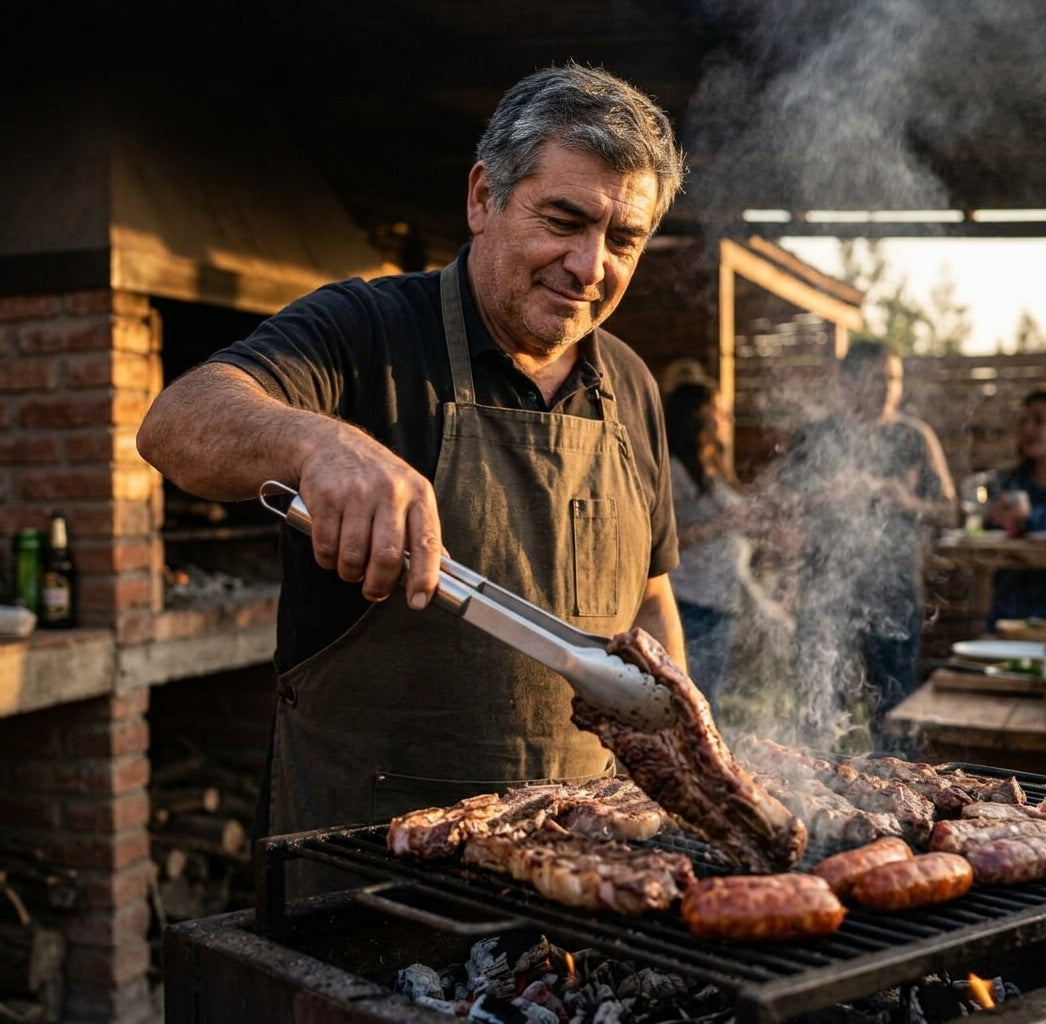 Set utensilios barbacoa acero inox sobre mesón parrilla exterior jardín
