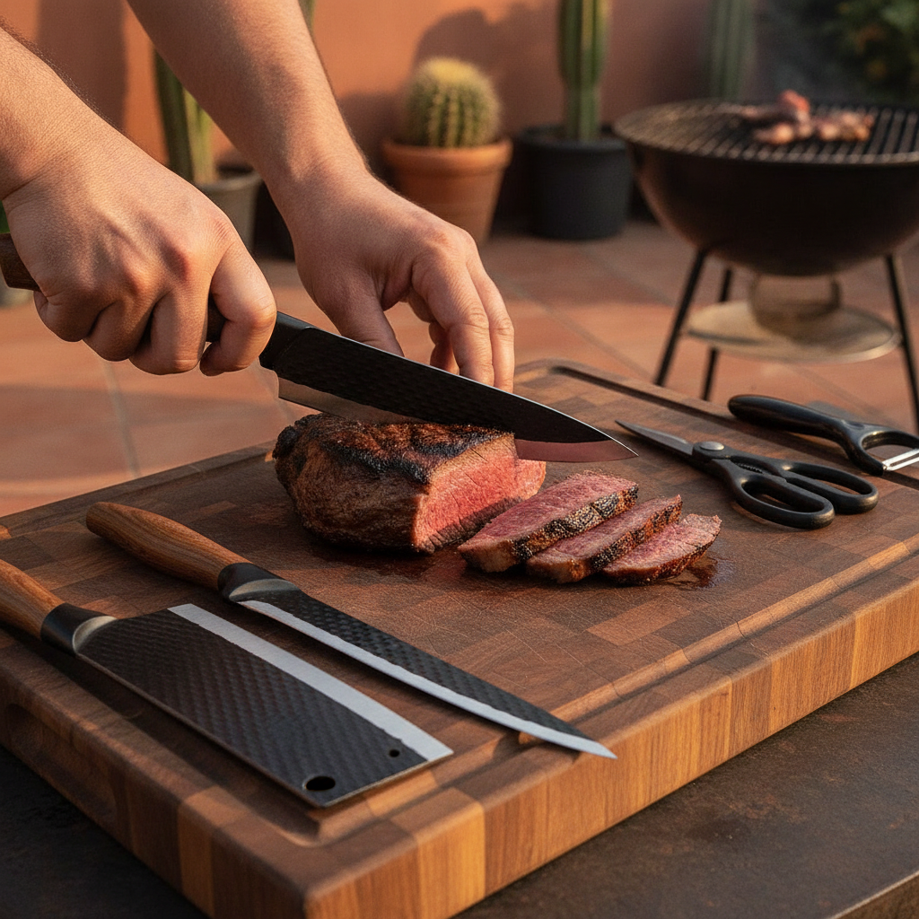 Cuchillo rebanador antiadherente cortando carne asado terraza chilena