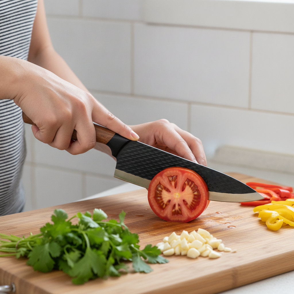 Cuchillo chef mango ergonómico símil madera en mano cortando verduras