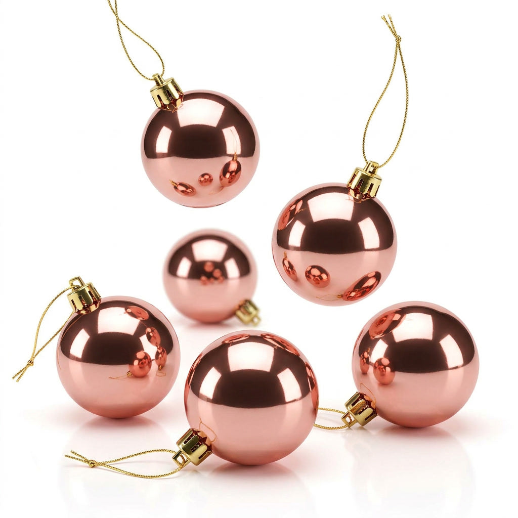 Set 6 esferas navideñas oro rosa 8cm brillante fondo blanco vista frontal