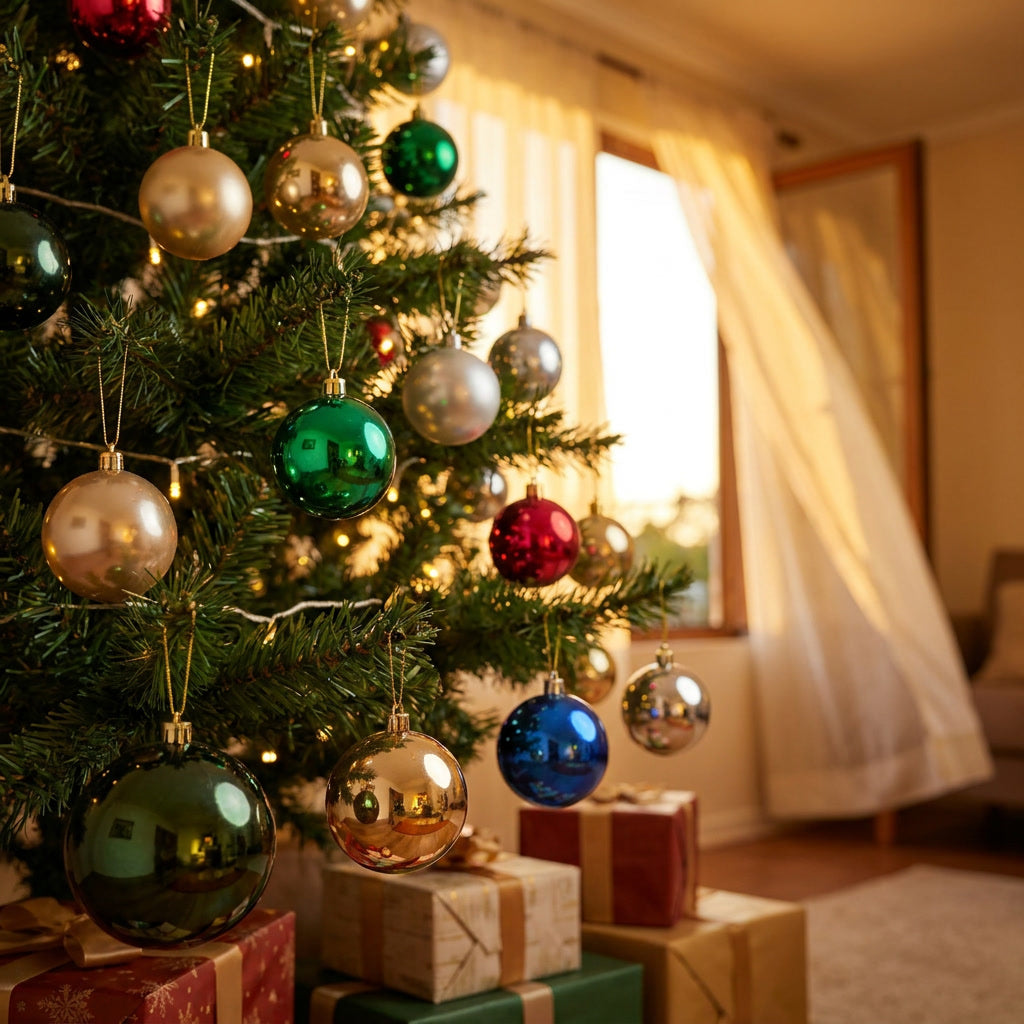Mujer decorando arbol navidad con esferas rojas brillantes hogar