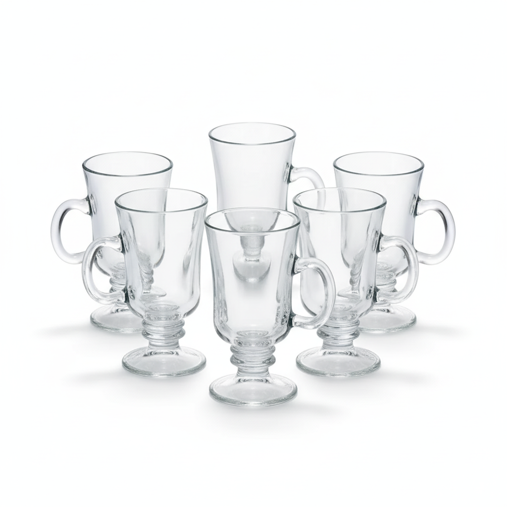 Set 6 tazas capuchino vidrio 240mL con pie y asa vista frontal