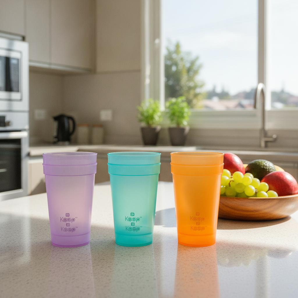 Set vasos plasticos Keep colores sobre mesón cocina hogar chileno luz natural