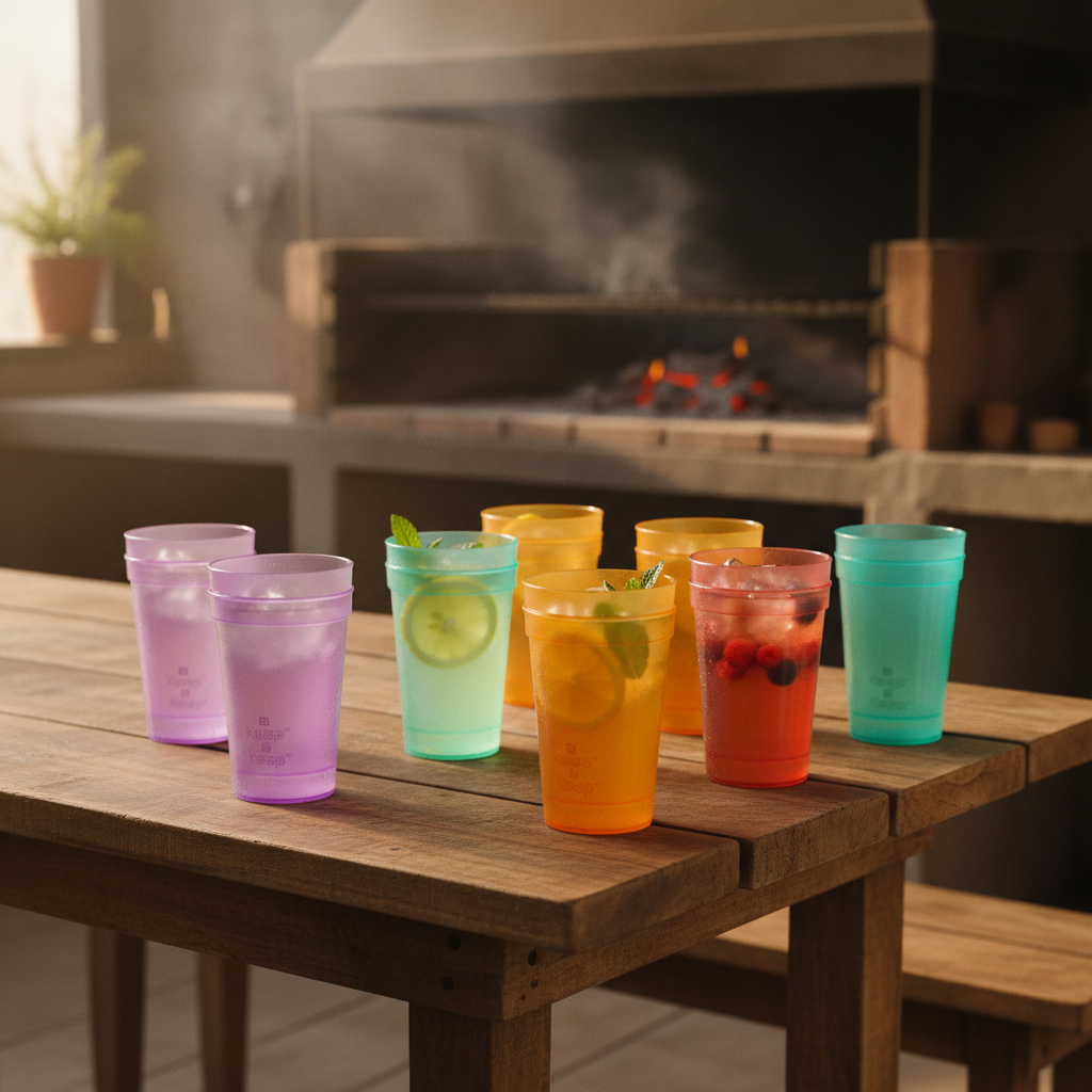 Mujer sirviendo jugo en vaso plastico turquesa Keep fiesta jardin familiar