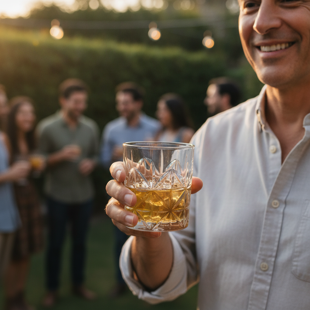 Vasos tallados whisky cristal sobre mesa madera quincho asado chileno