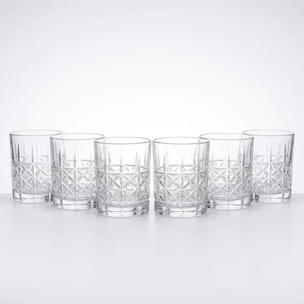 Set 6 vasos tallados whisky vidrio transparente relieve geometrico vista frontal