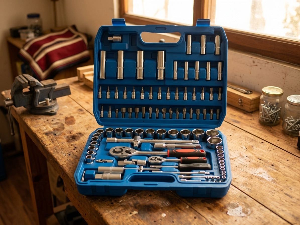 Hombre usando llave dado socket set reparación auto estacionamiento Chile