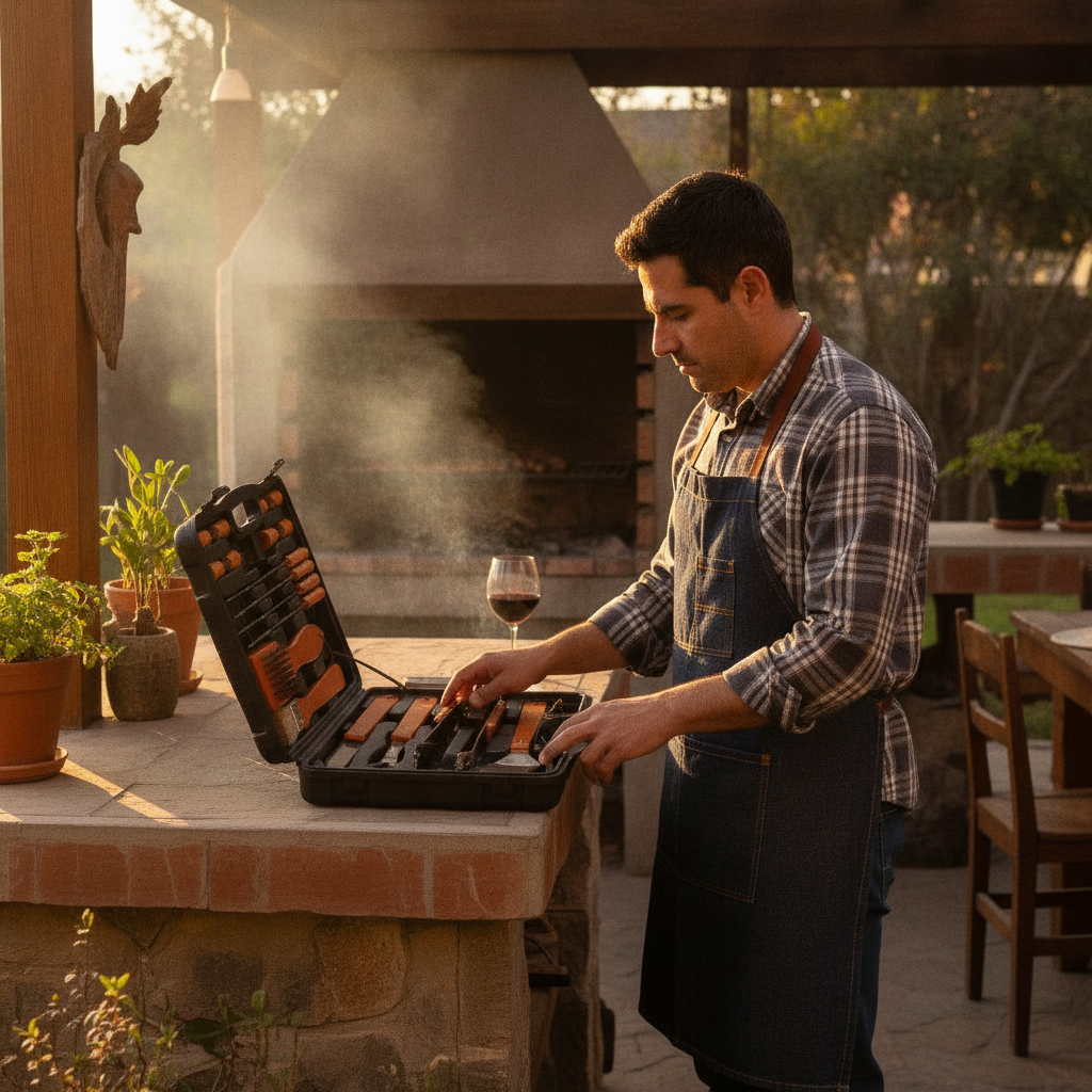 Parrillero abre set asado 18 piezas maleta quincho antes del asado