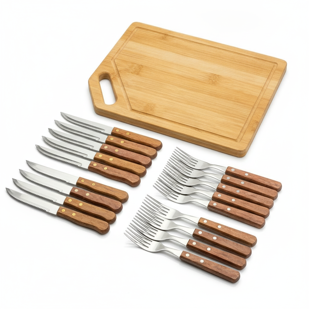 Set asado 25 piezas tabla bambú 12 cuchillos 12 tenedores vista completa fondo blanco