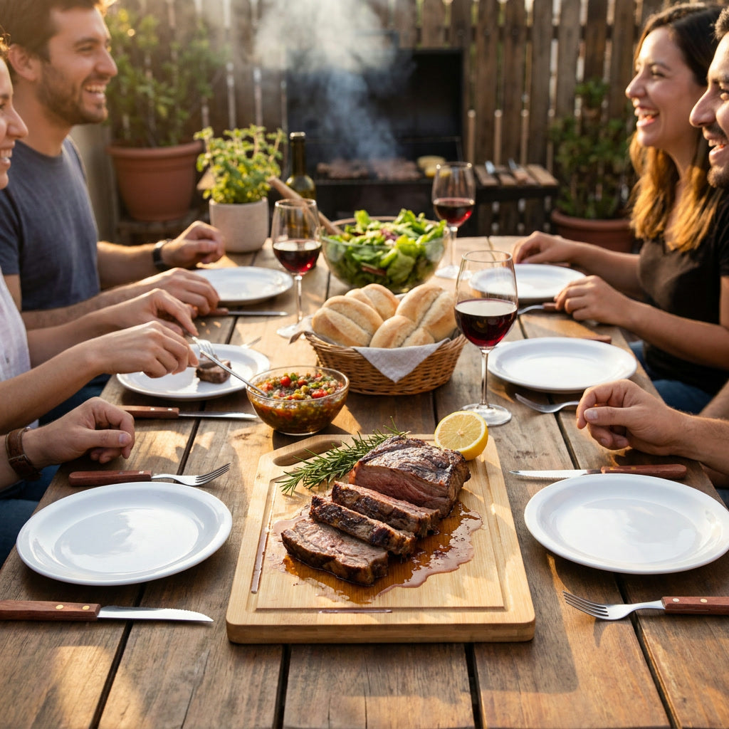 Set asado completo para 12 personas en quincho chileno con tabla bambú y cubiertos madera