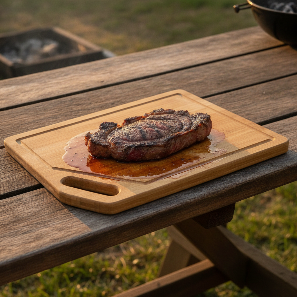 Tabla bambú con canal recolector jugos carne parrilla chilena vista lateral