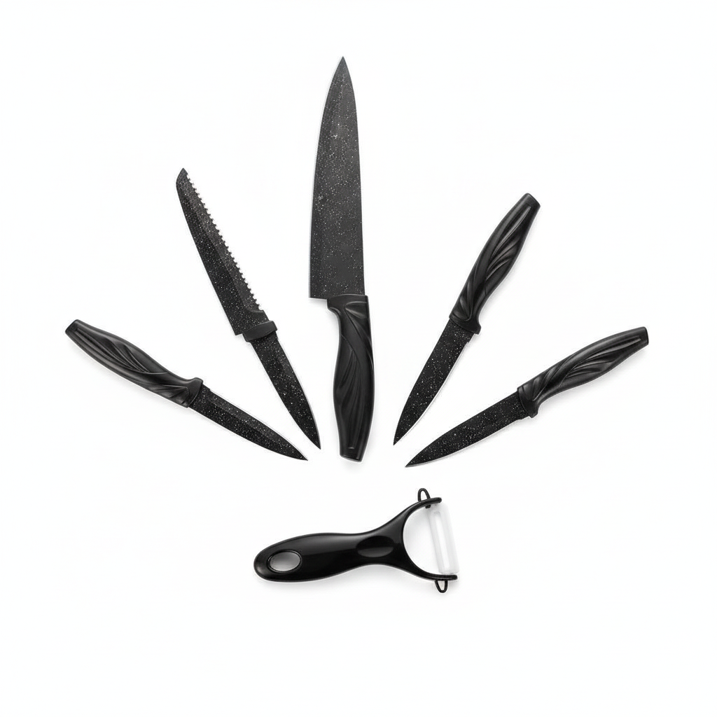 Set 6 cuchillos cocina antiadherente granito negro con pelador cerámica vista frontal